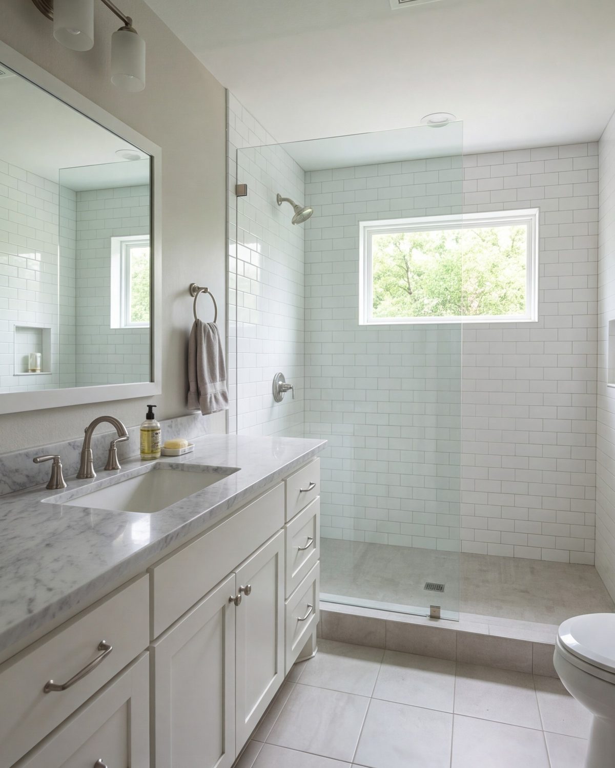 Finished hall bathroom with a glass walk-in shower, wide vanity and window light in a Riverside house