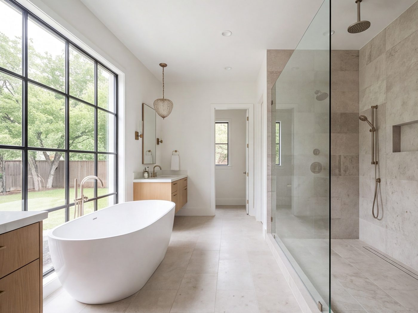 Primary suite bathroom with a freestanding tub beside a tall window and a walk-in shower