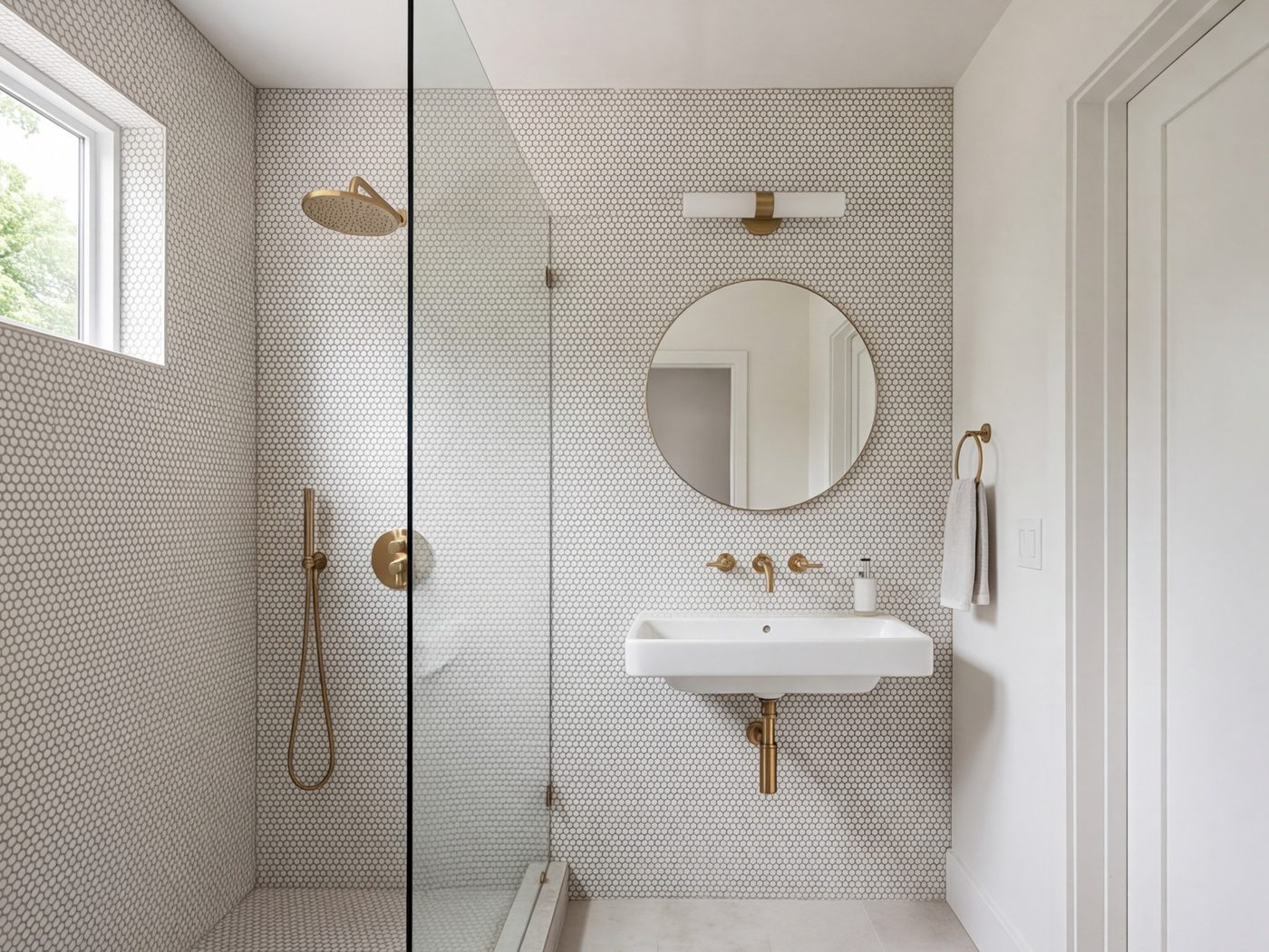 Compact hall bathroom with full-height tile and a clear glass shower panel